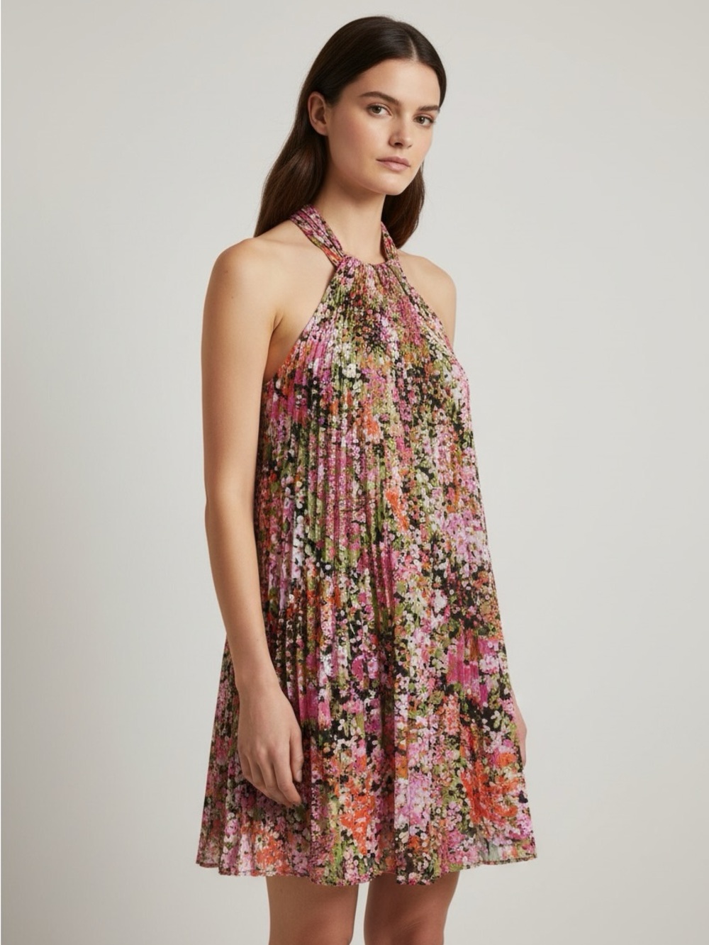 New DKNY Pink Floral Halter Pleated Mini Dress size 10